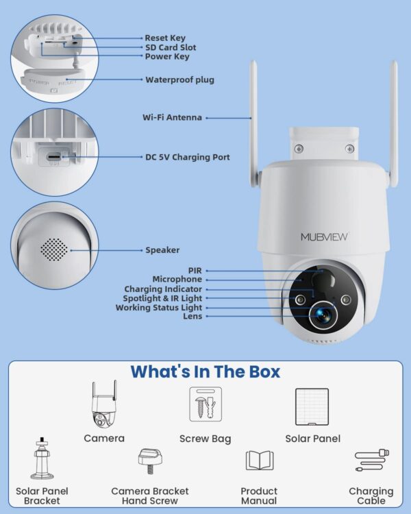 360° PTZ 2K Solar Powered Security Camera - Battery WiFi Camera for Indoor/Outdoor, MUBVIEW GX8S